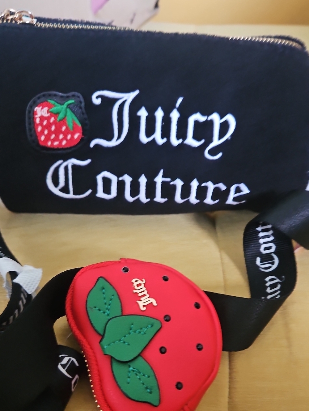 Juicy Couture Black Crossbody with Red Strawberry Pouch Accent